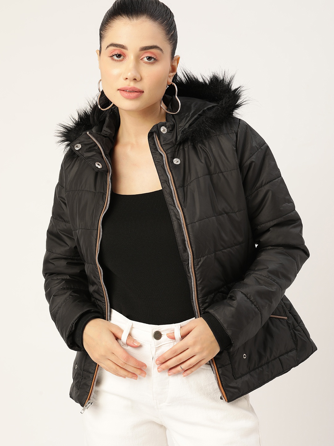 

DressBerry Women Black Solid Faux Fur Trim Parka Jacket