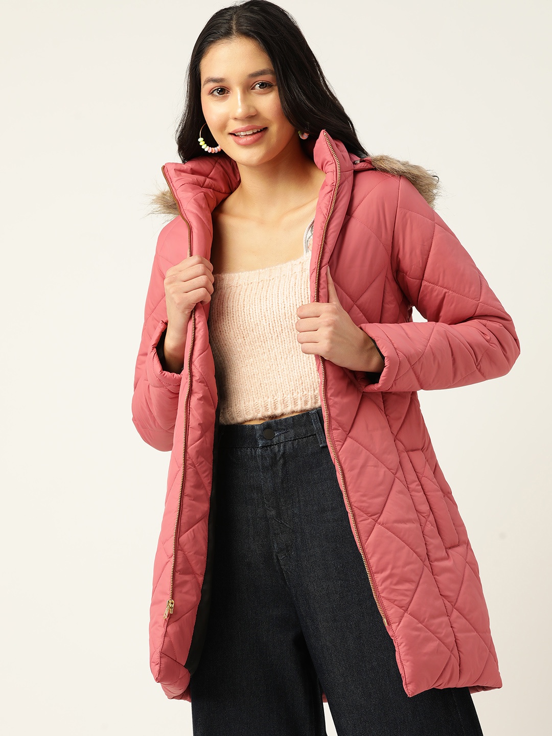 

DressBerry Women Faux Fur Trim Longline Parka Jacket, Pink