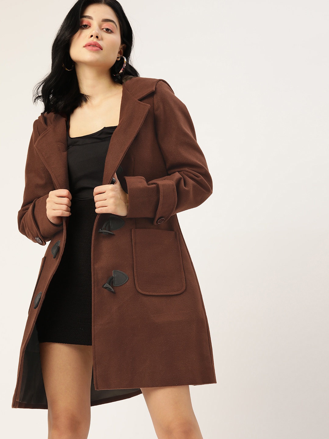 

DressBerry Women Brown Solid Hooded Duffle Coat