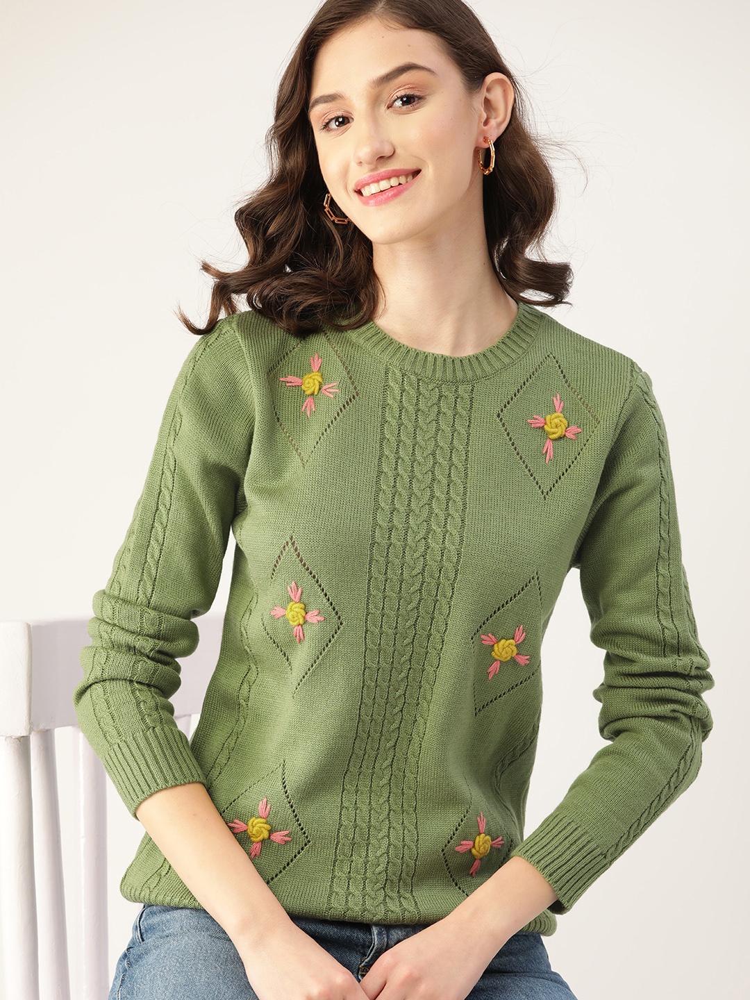 

DressBerry Women Green Floral Pullover with Embroidered Detail