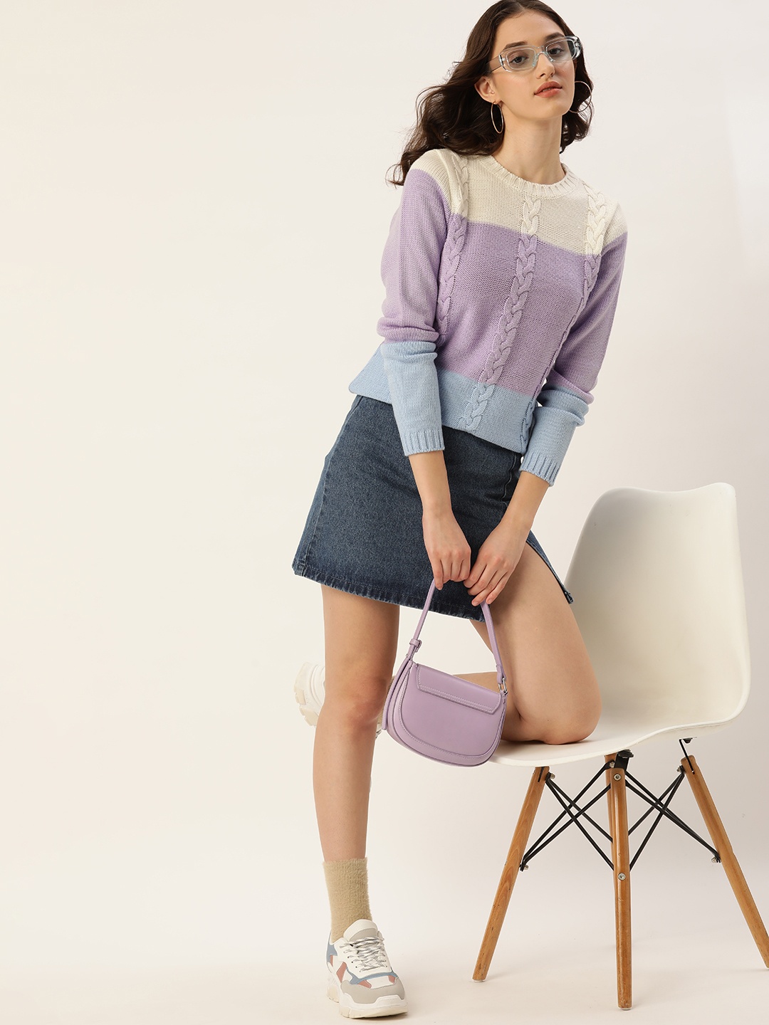 

4WRD by Dressberry Women Lavender & White Acrylic Cable Knit Pullover