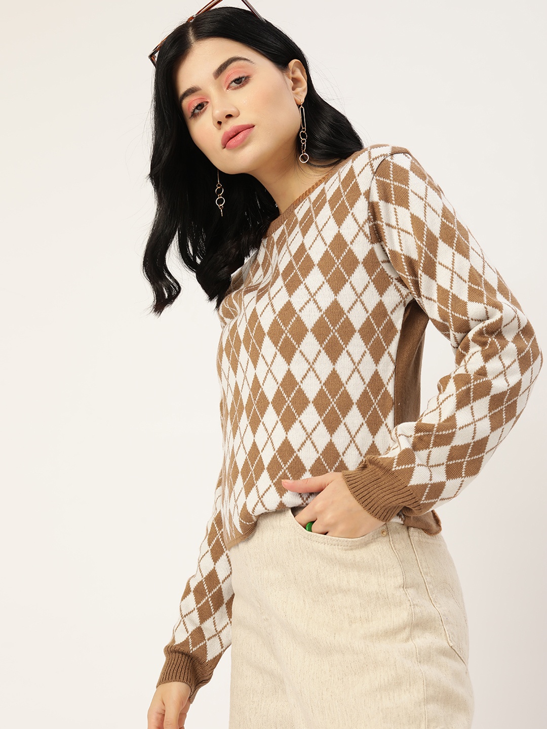 

Dressberry Women Brown & White Acrylic Argyle Sweater