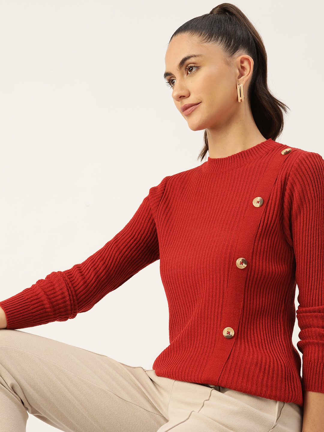 

DressBerry Women Red Solid Ribbed Button Detail Pullover