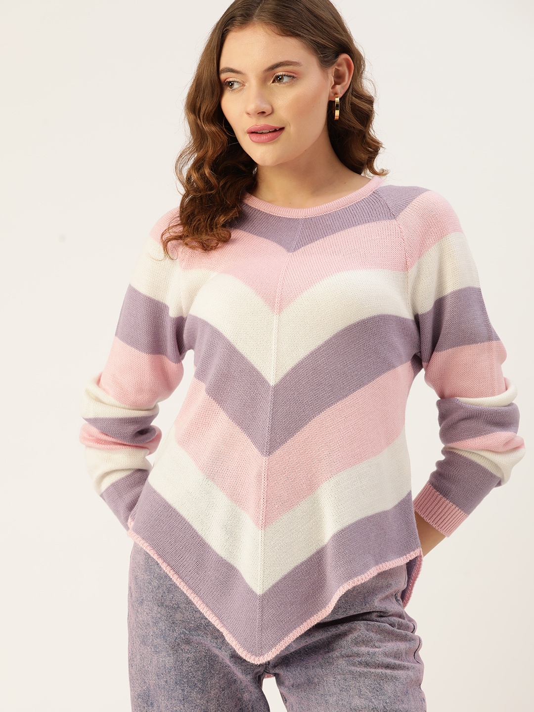 

DressBerry Women White & Pink Striped Pullover