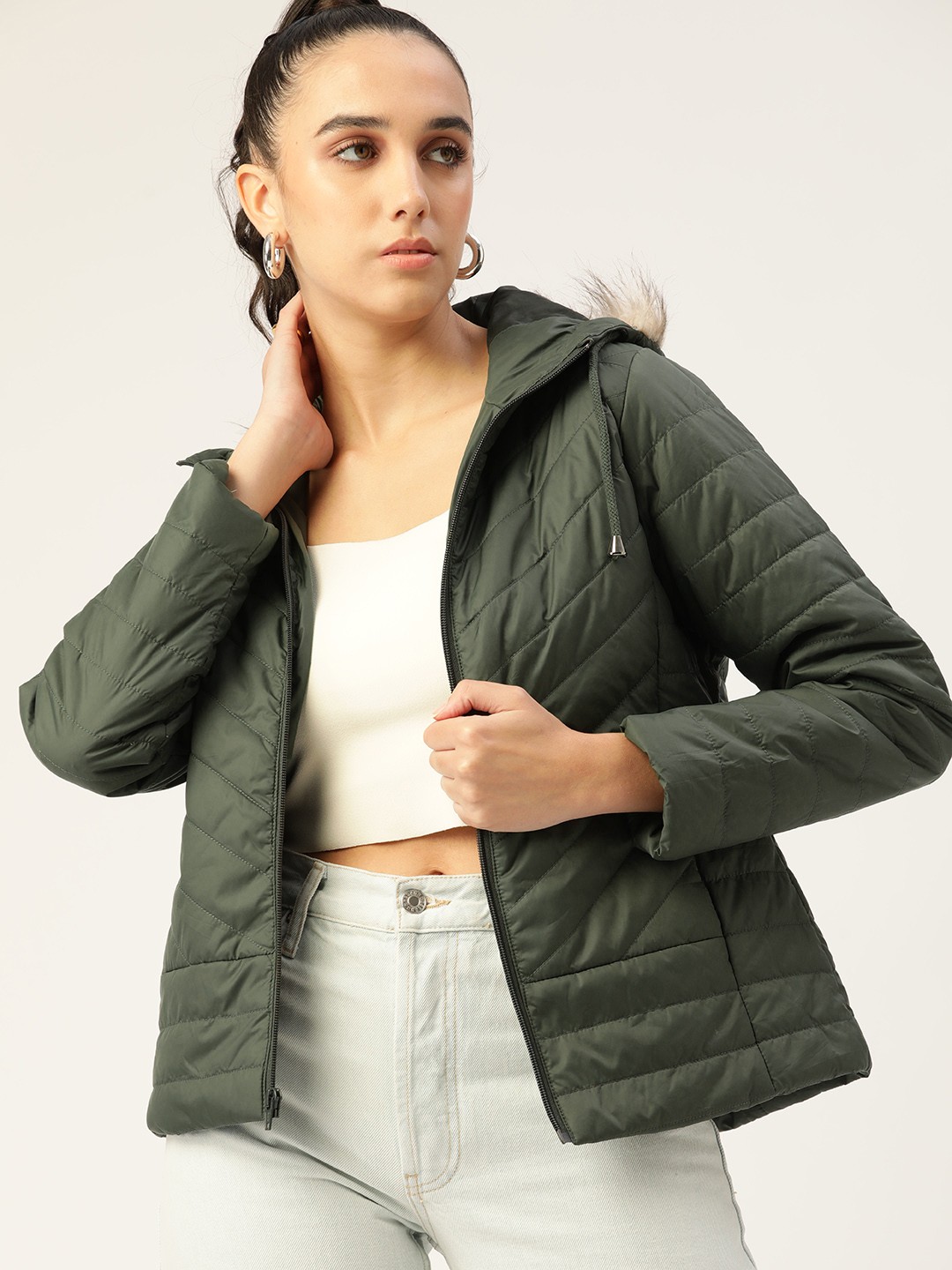 

DressBerry Women Olive Green Solid Parka Jacket