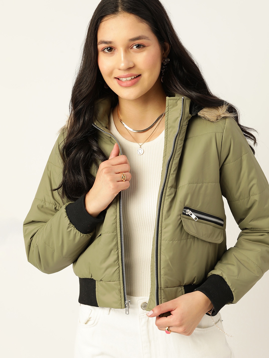 

DressBerry Women Solid Faux Fur Trim Padded Jacket, Olive