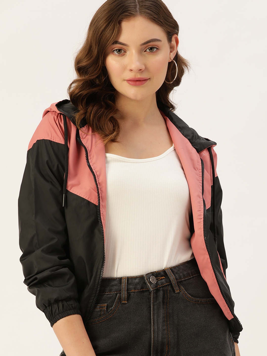 

Dressberry Women Pink Black Colourblocked Bomber Jacket