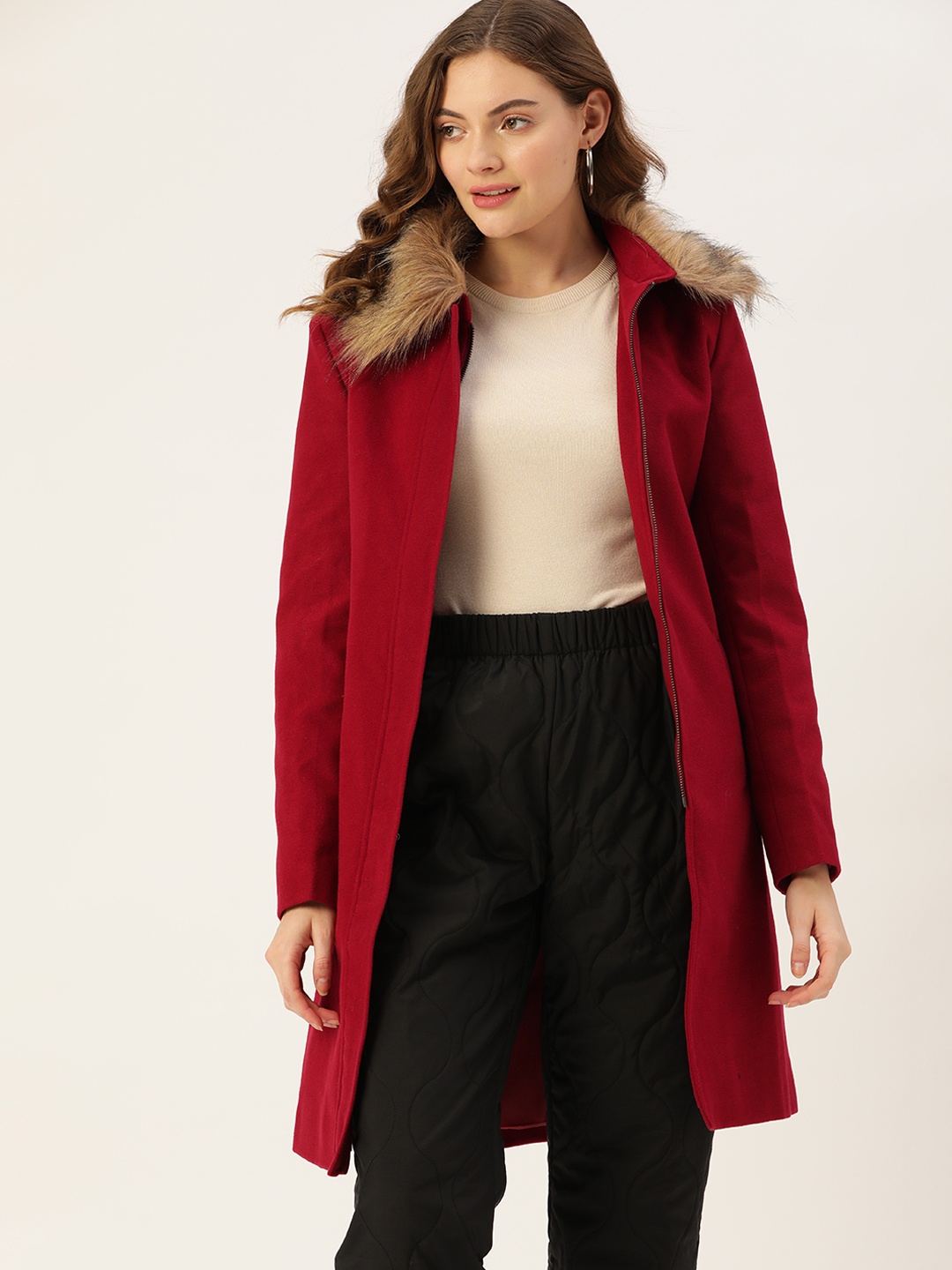 

Dressberry Women Red Solid Faux Fur Collared Longline Overcoat