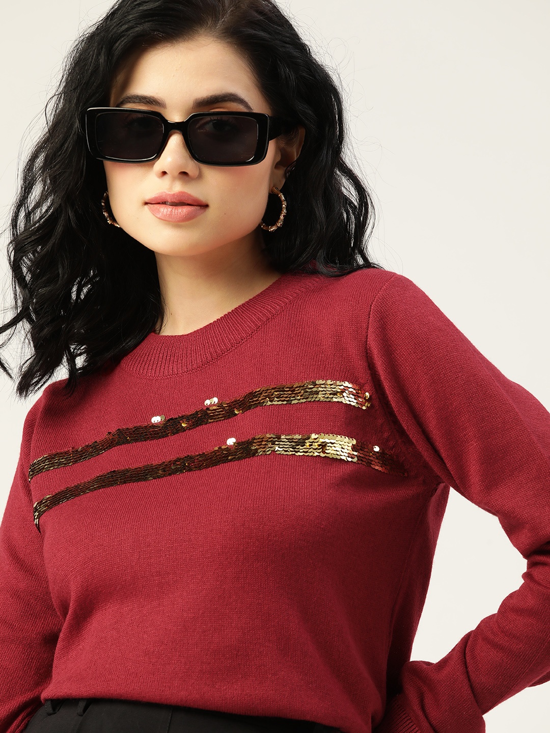 

DressBerry Women Maroon Striped Pullover With Embellished Detail