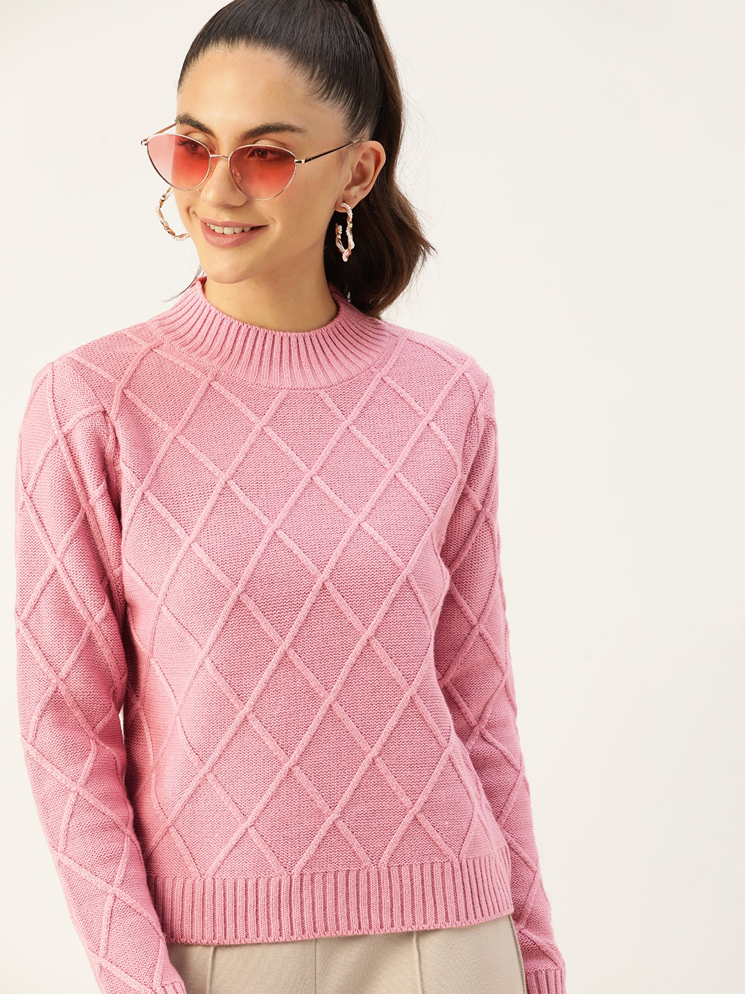 

Dressberry Women Pink Geometric Self Design Pullover