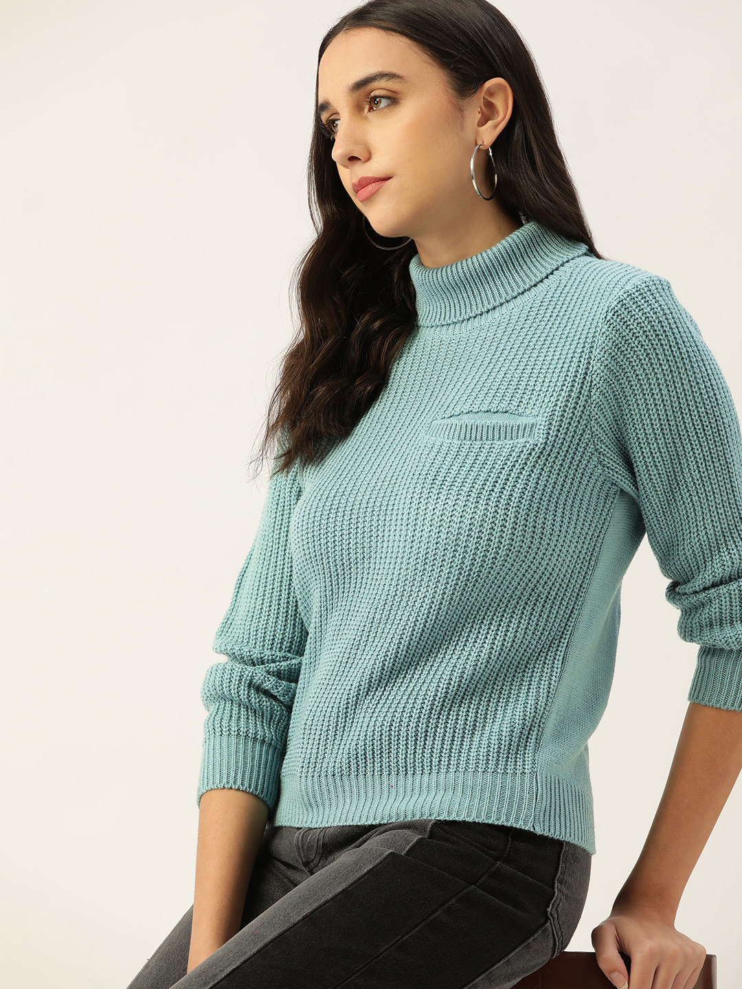 

DressBerry Women Blue Ribbed Pocket Detail Pullover