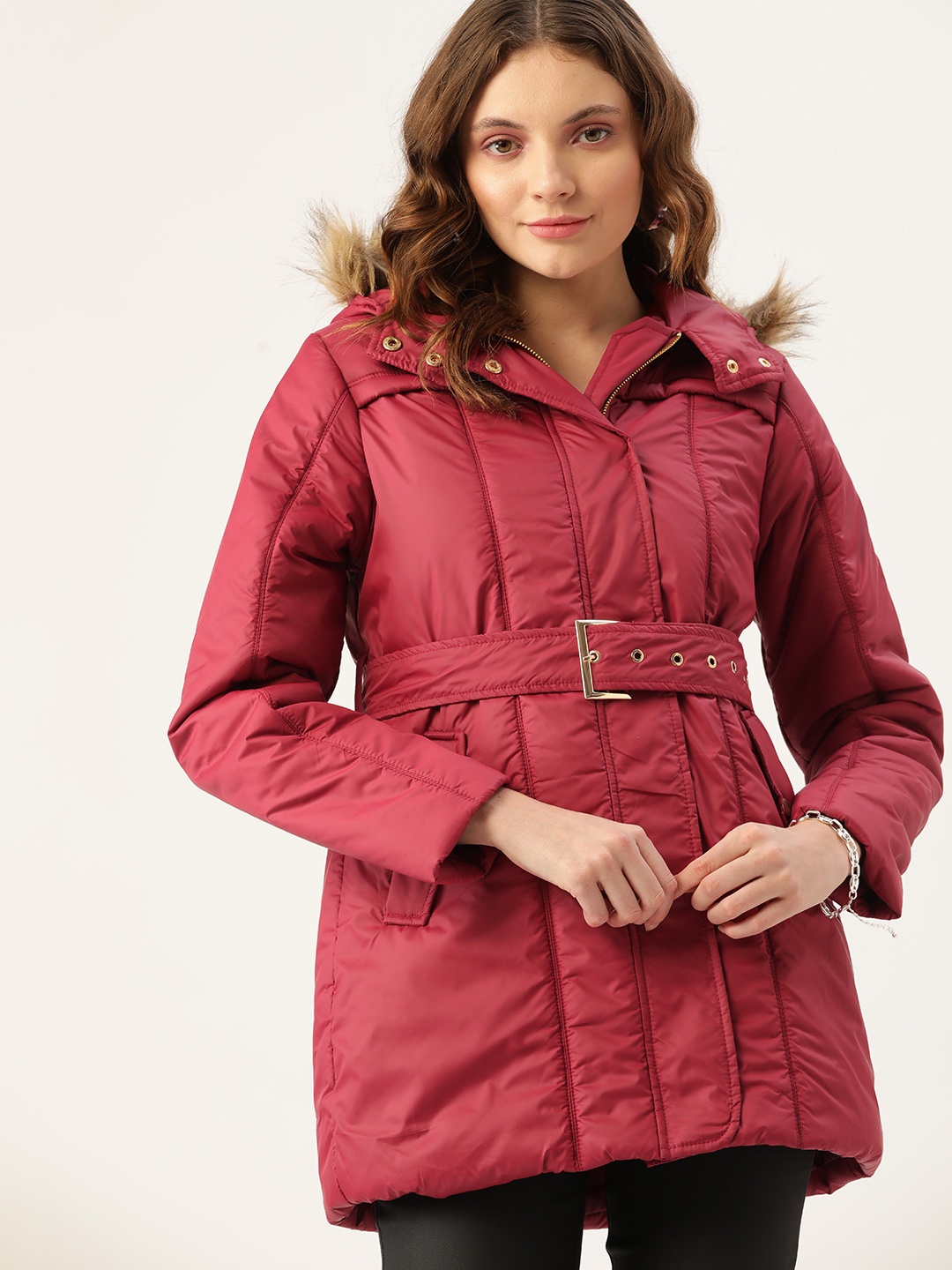 

DressBerry Women Maroon Solid Hooded Parka Jacket with Belt