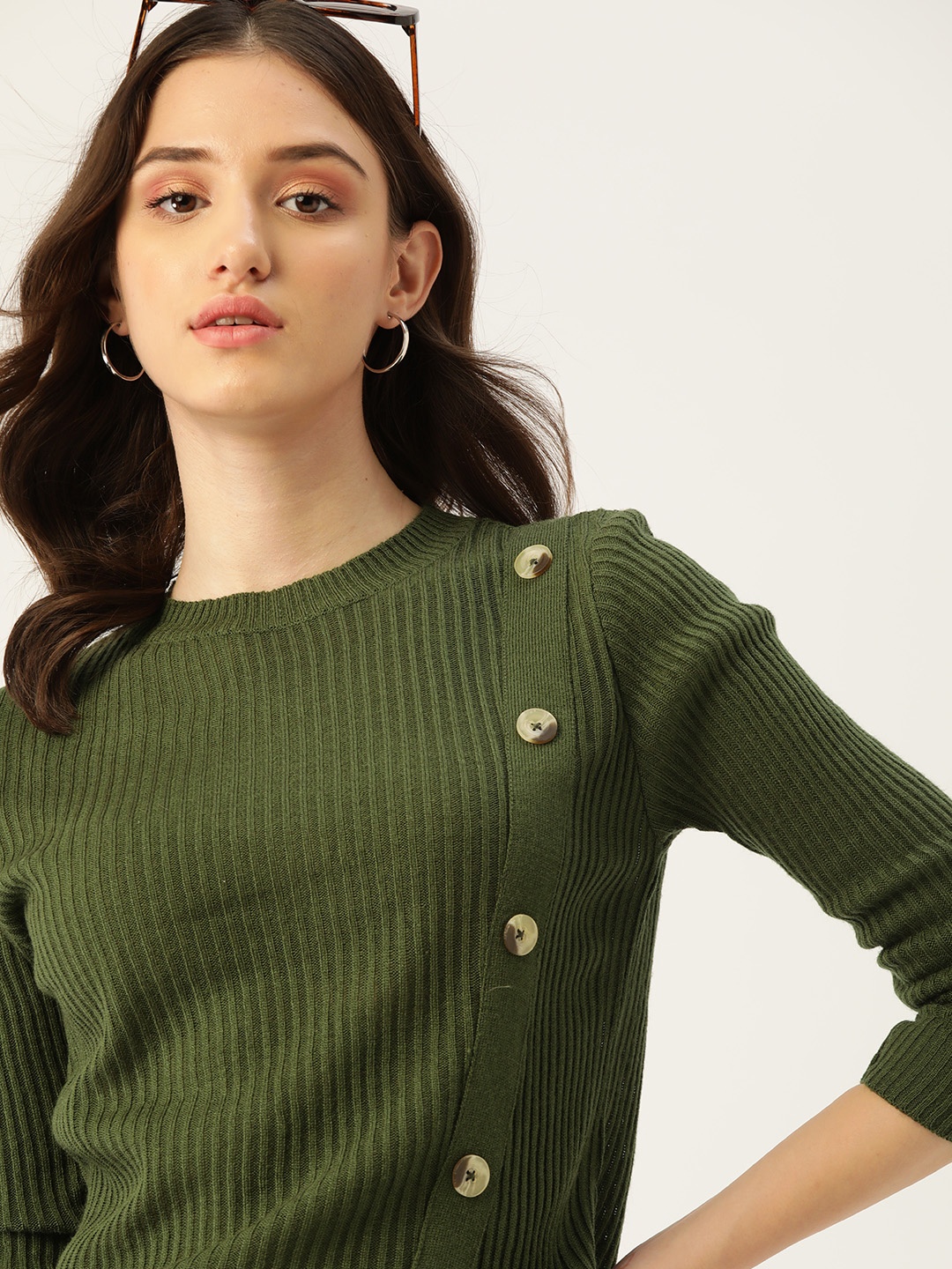 

DressBerry Women Green Self-Striped Button Detail Pullover