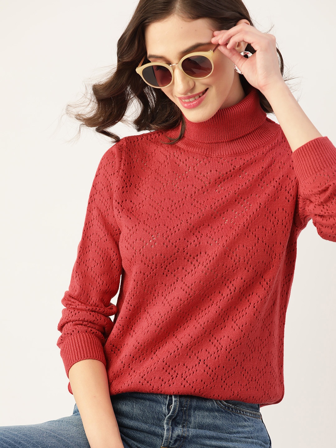 

DressBerry Women Red Self Design Pullover with Turtle Neck