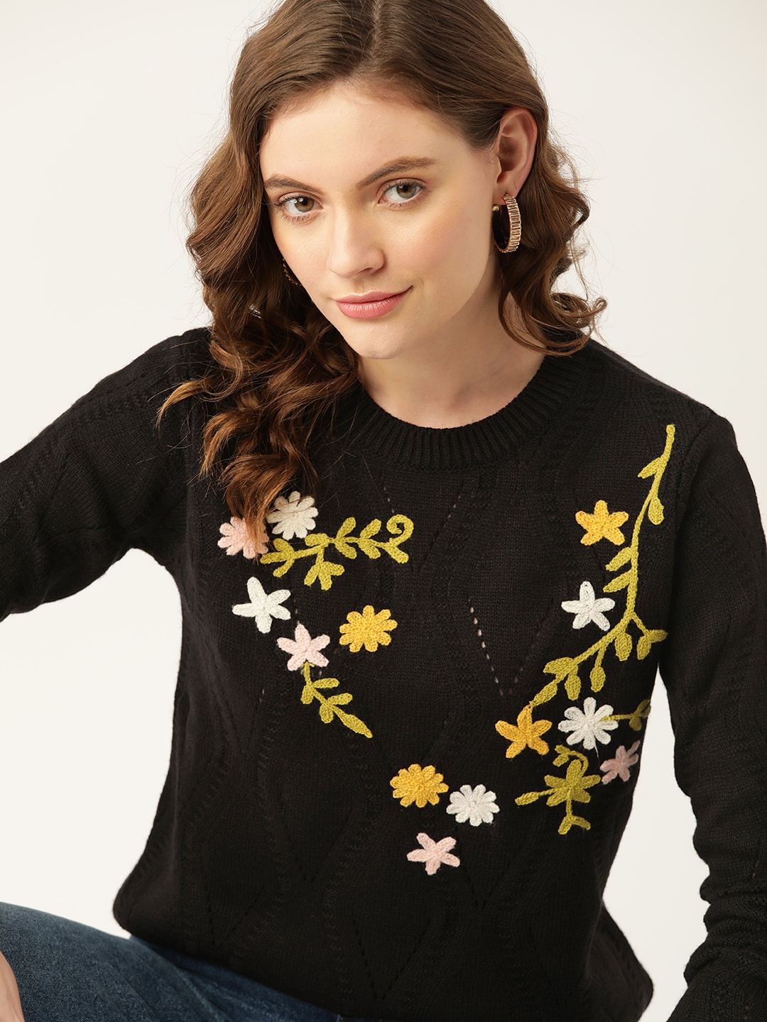 

DressBerry Women Black & Green Floral Embroidered Pullover