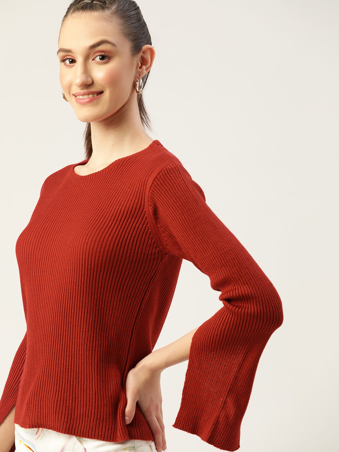 

Dressberry Women Rust Red Solid Acrylic Slit Sleeves Pullover