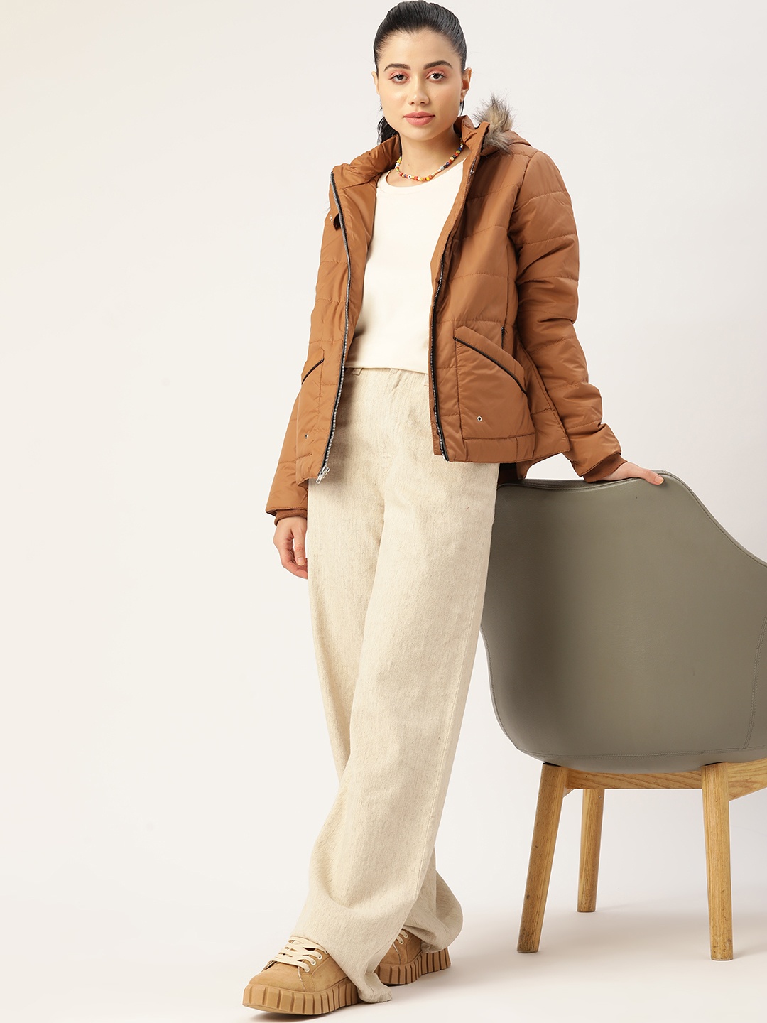 

DressBerry Women Brown Solid Faux Fur Trim Parka Jacket