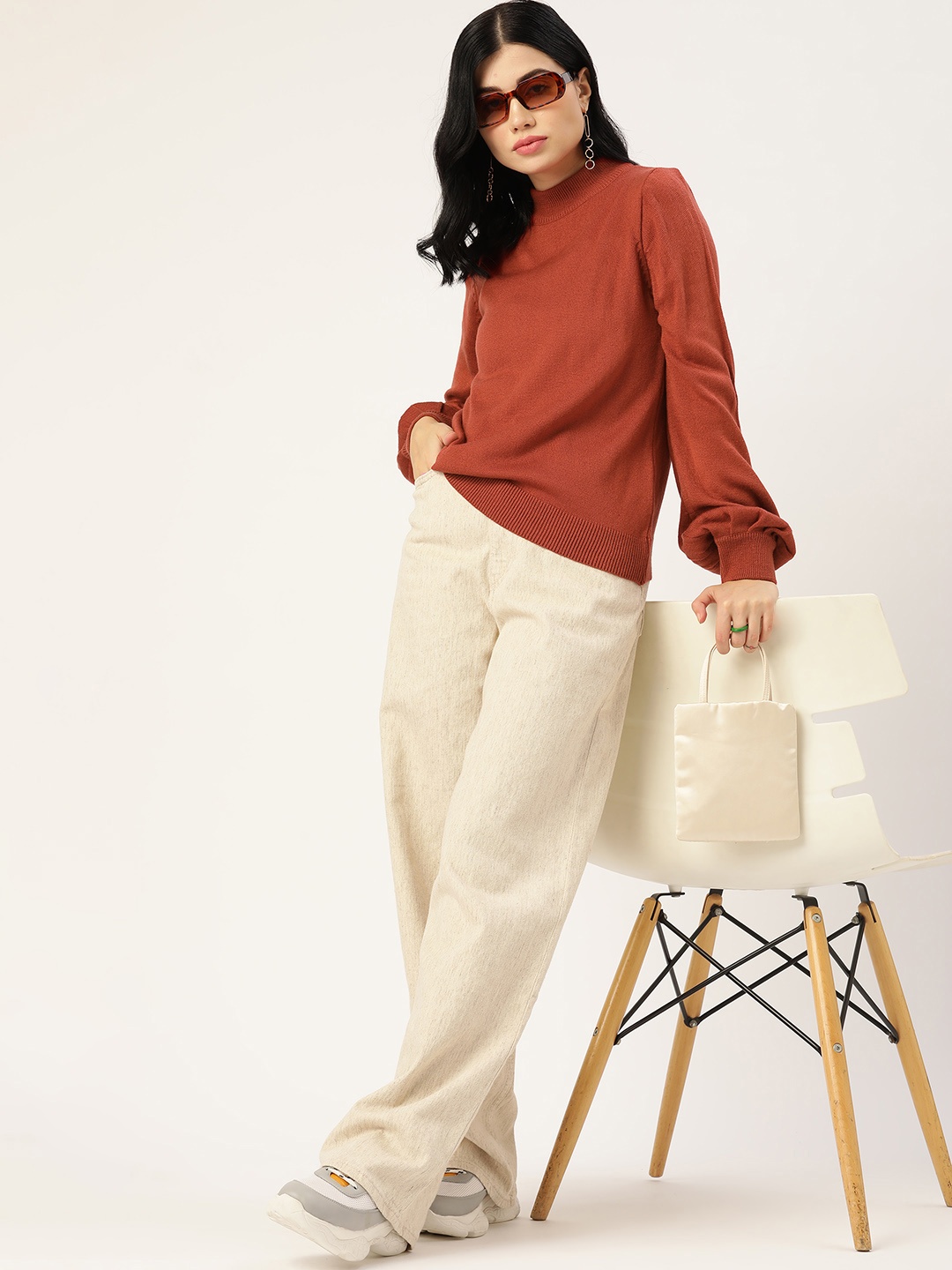 

DressBerry Women Rust Brown Solid Acrylic Turtle Neck Puff Sleeves Sweater