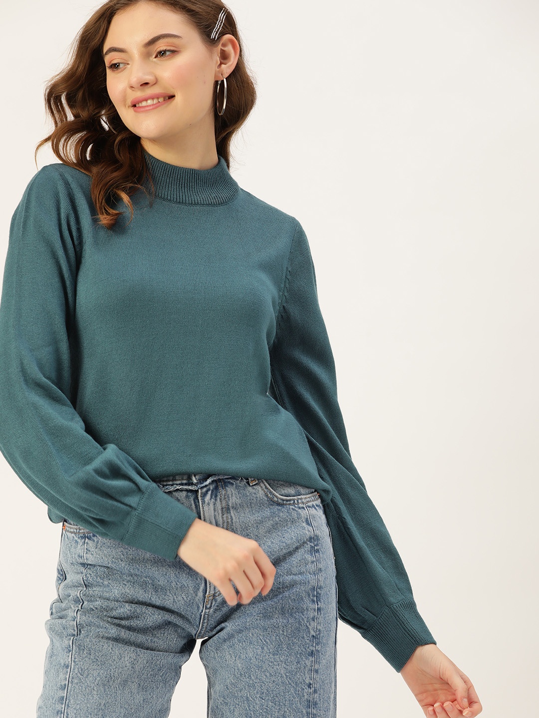 

DressBerry Women Teal Blue Solid Puff Sleeve Pullover