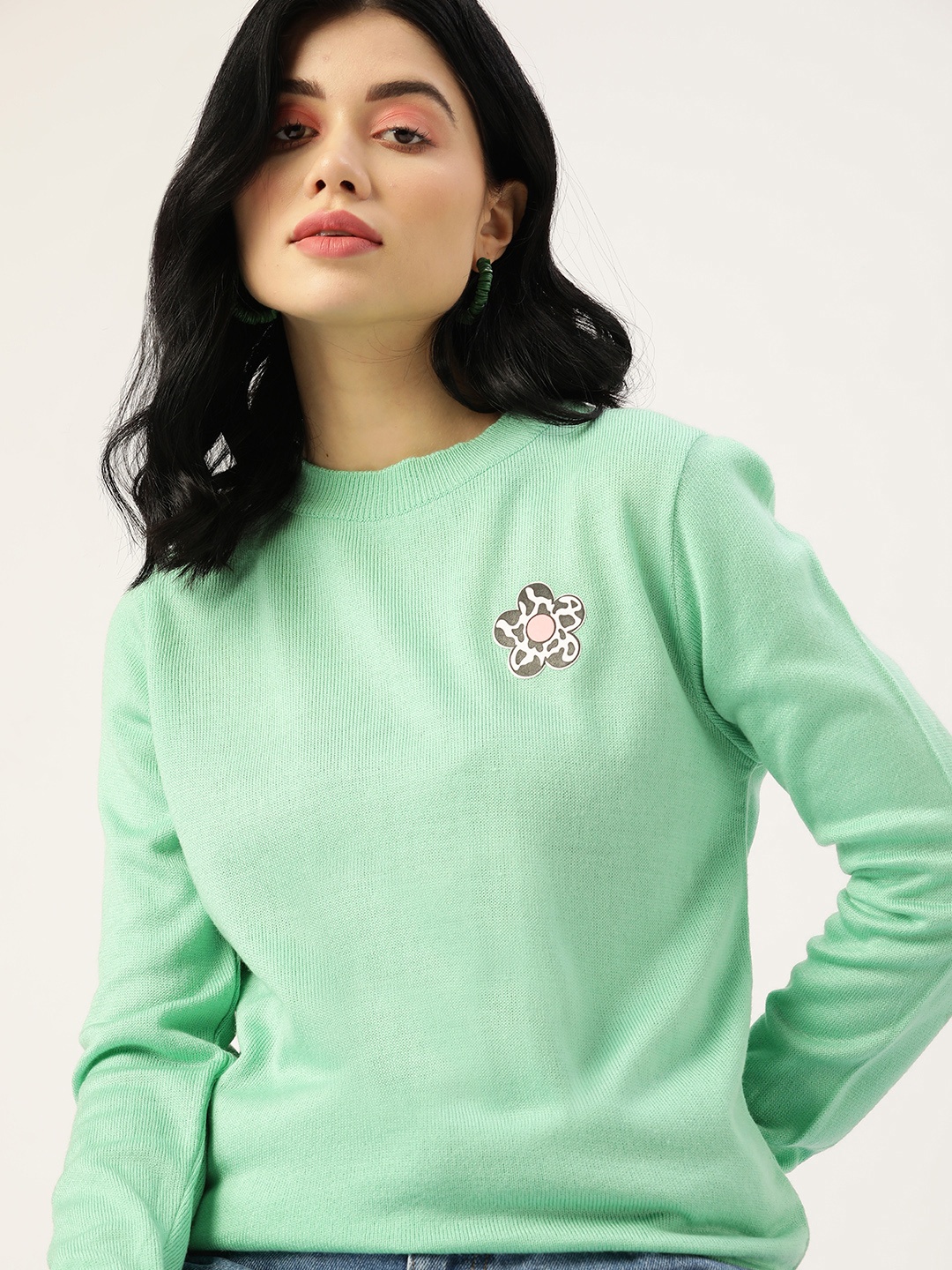 

DressBerry Women Green Solid Acrylic Sweater With Patchwork Detail