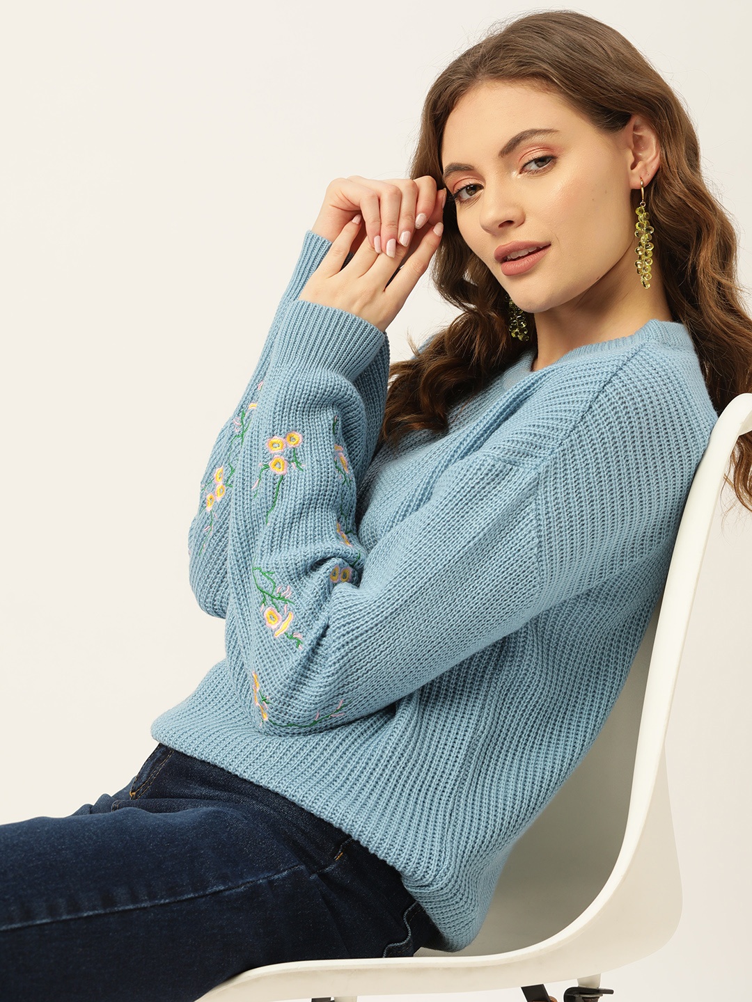 

DressBerry Women Blue Knitted Pullover with Embroidered Detail