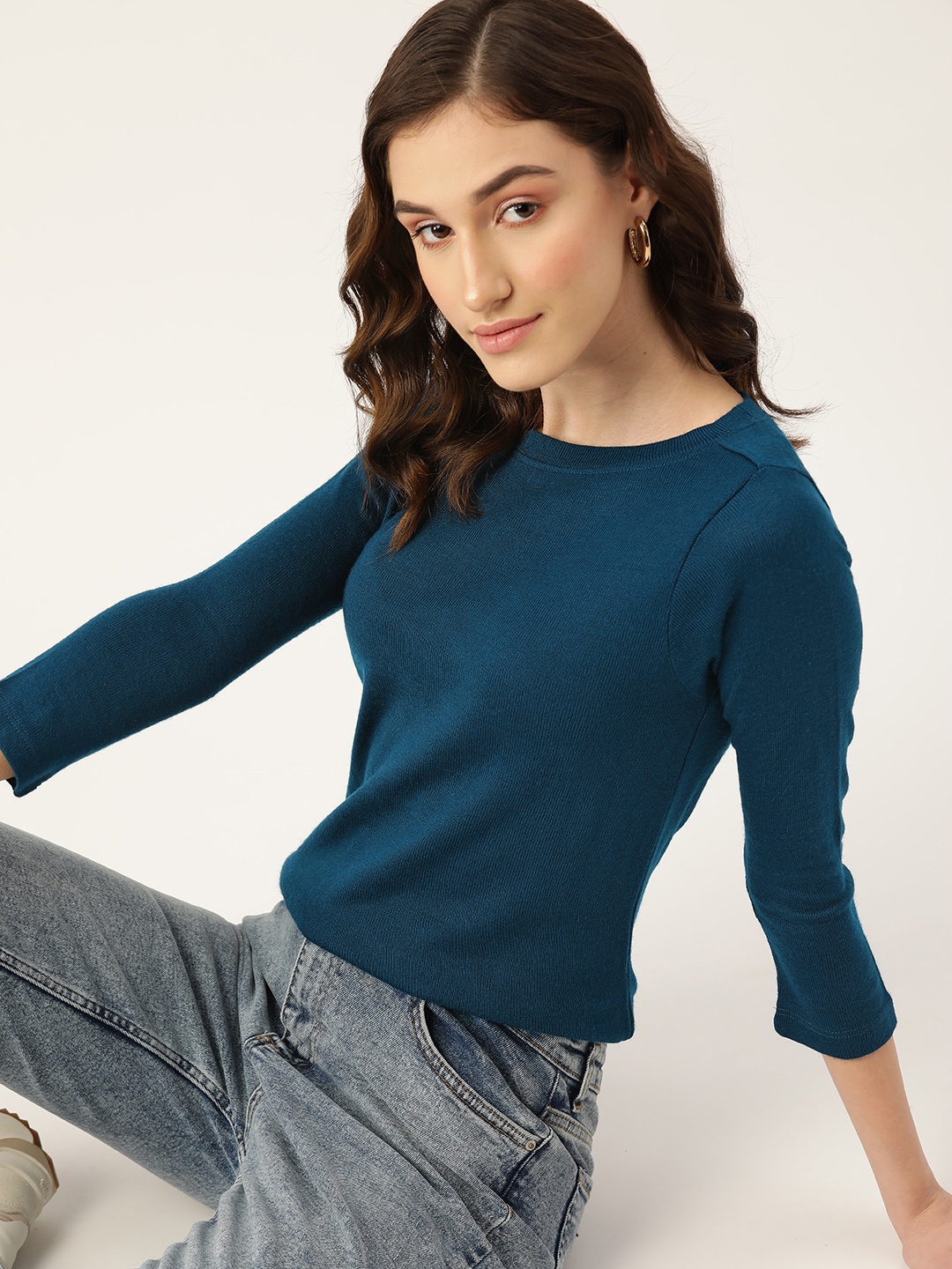 

DressBerry Women Teal Blue Solid Ribbed Pullover