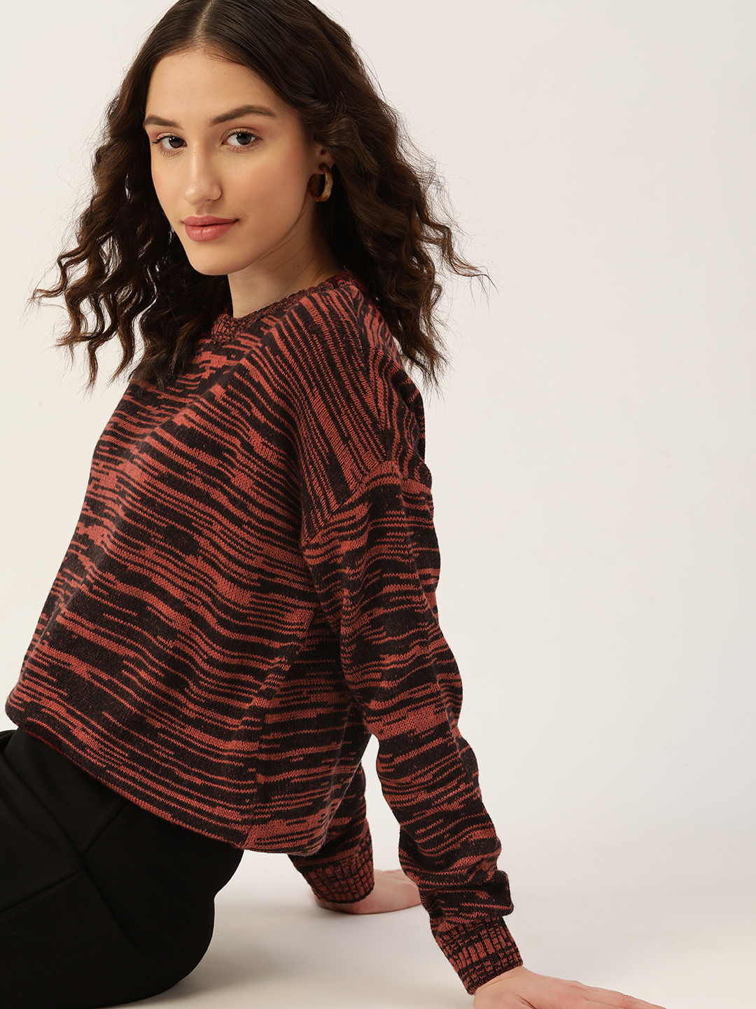 

DressBerry Women Black & Brown Self Design Pullover