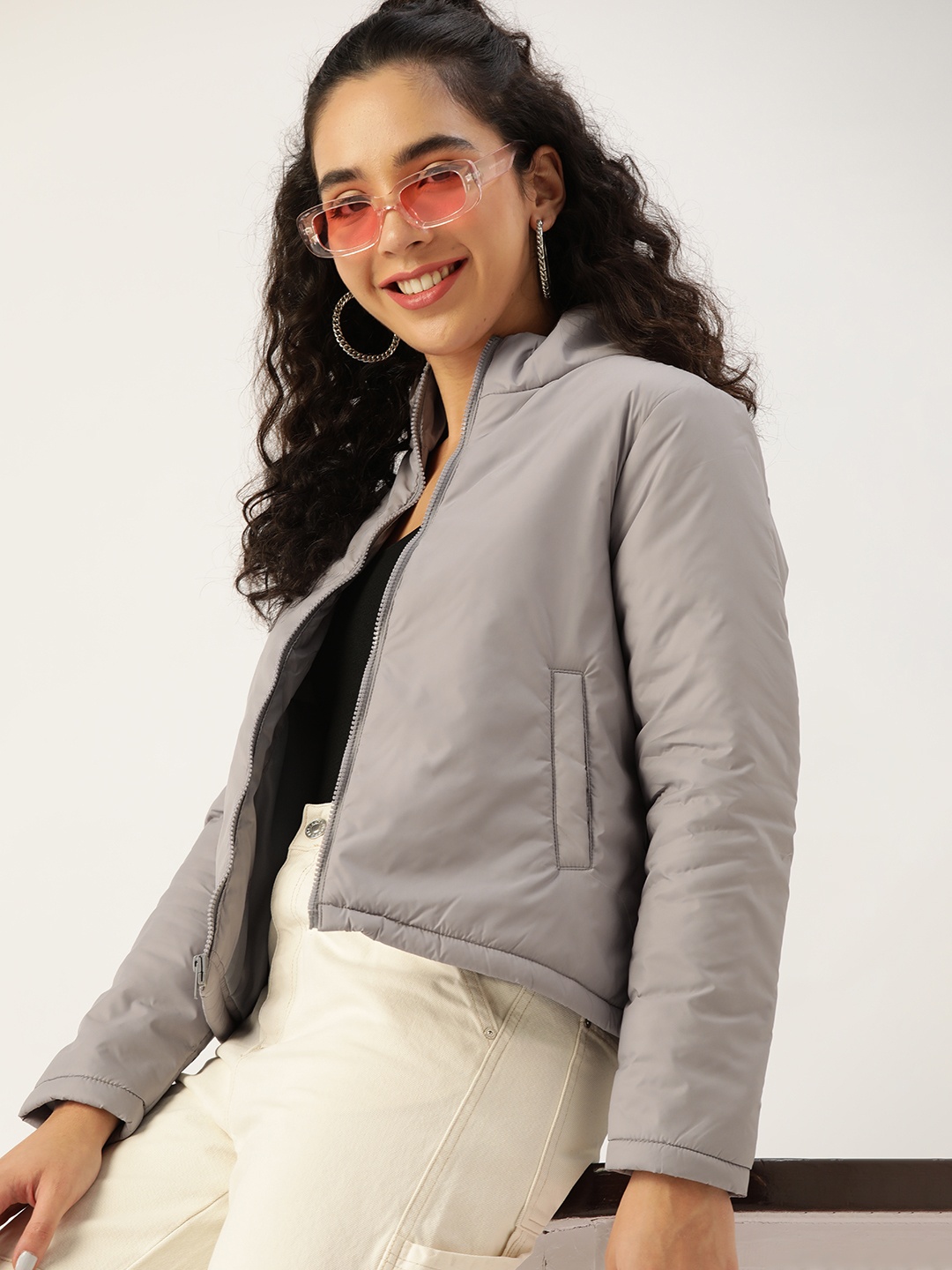 

DressBerry Women Grey Solid Padded Jacket