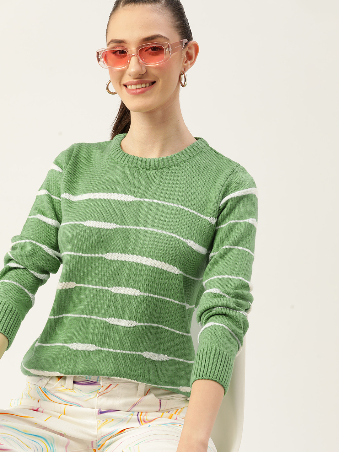 

DressBerry Women Green & White Striped Acrylic Pullover