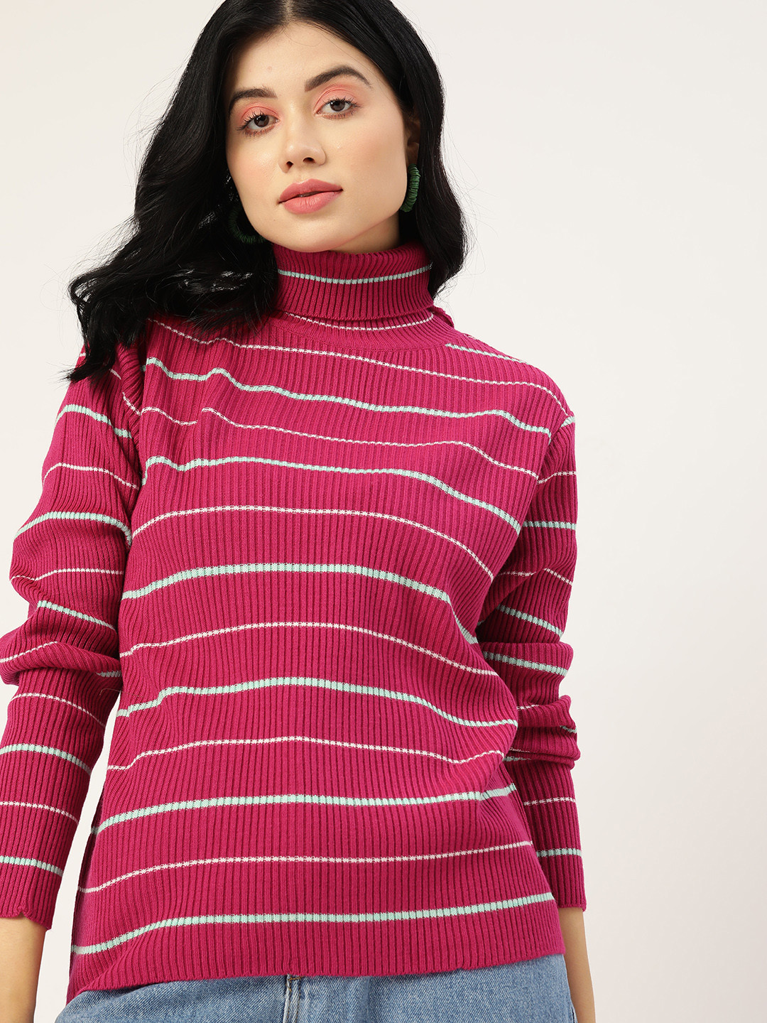 

DressBerry Women Fuchsia Striped Acrylic Turtle Neck Sweater