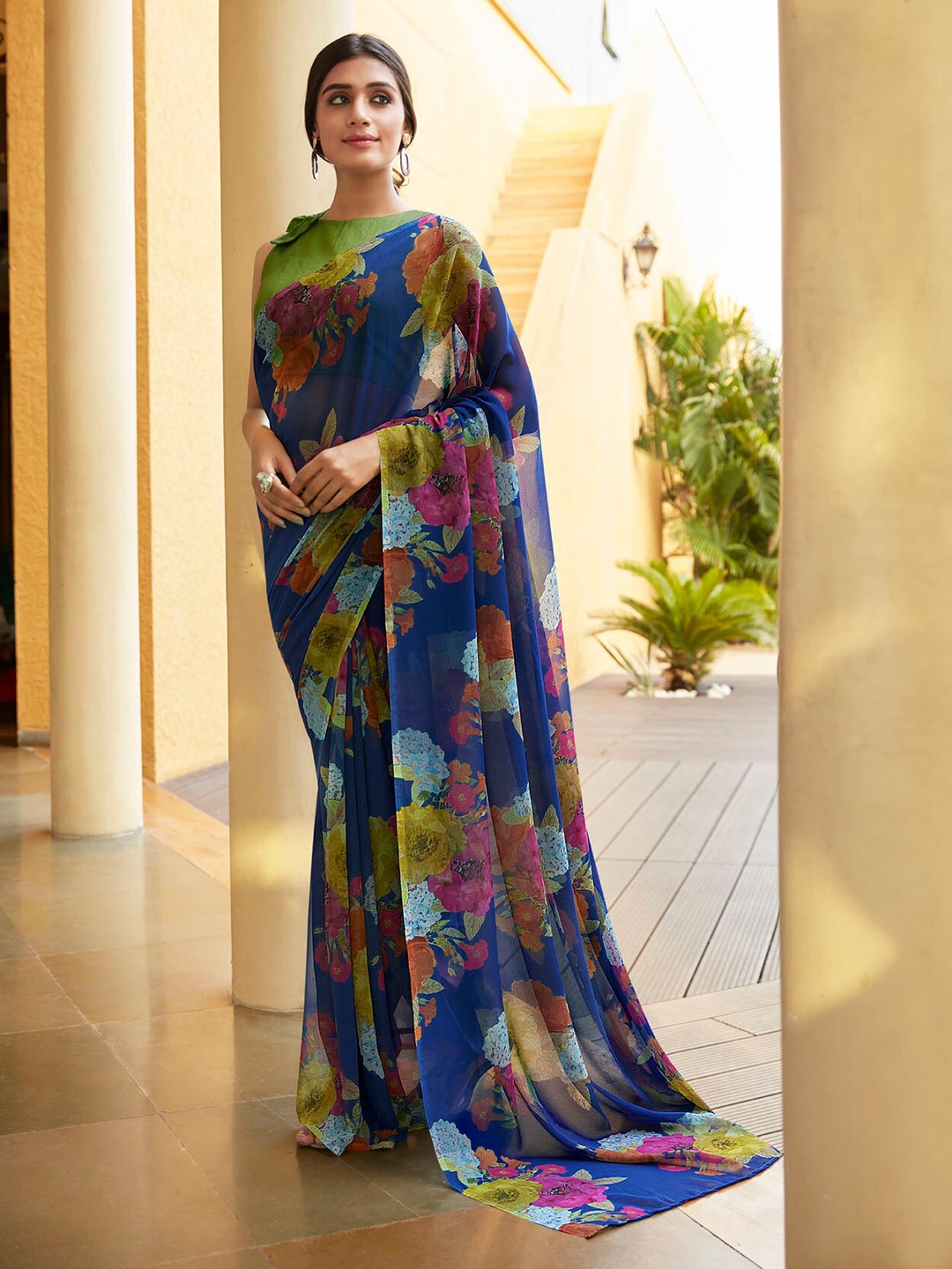 

Shaily Navy Blue & Pink Floral Pure Georgette Saree