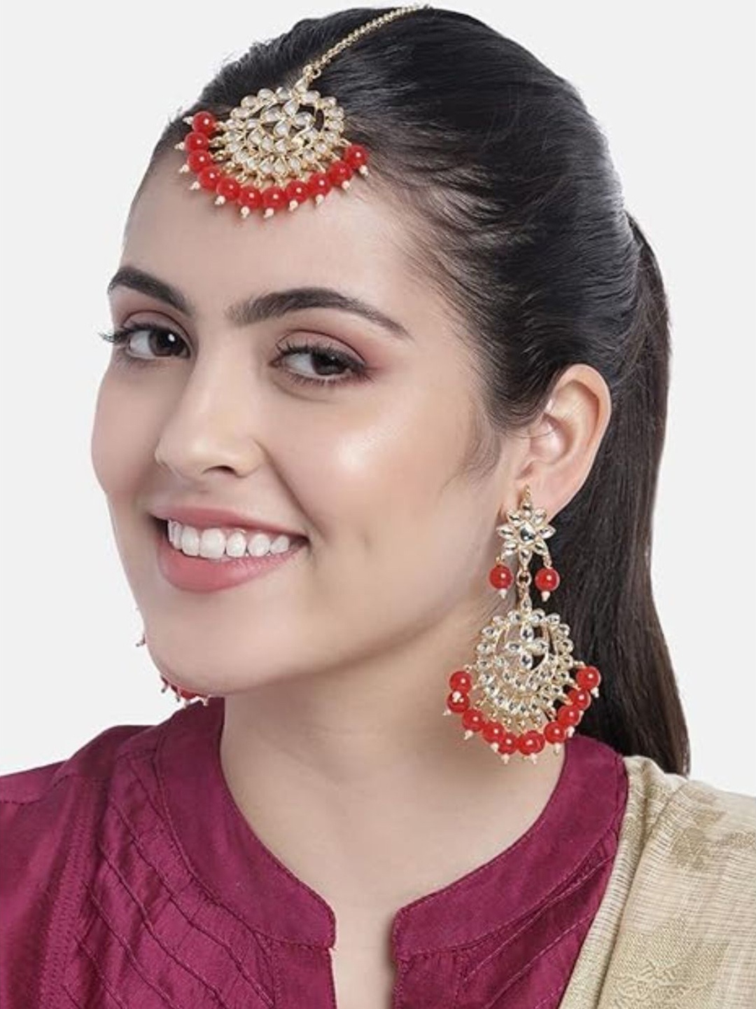 

I Jewels Red & White Floral Studded Gold Plated Jewellery Set