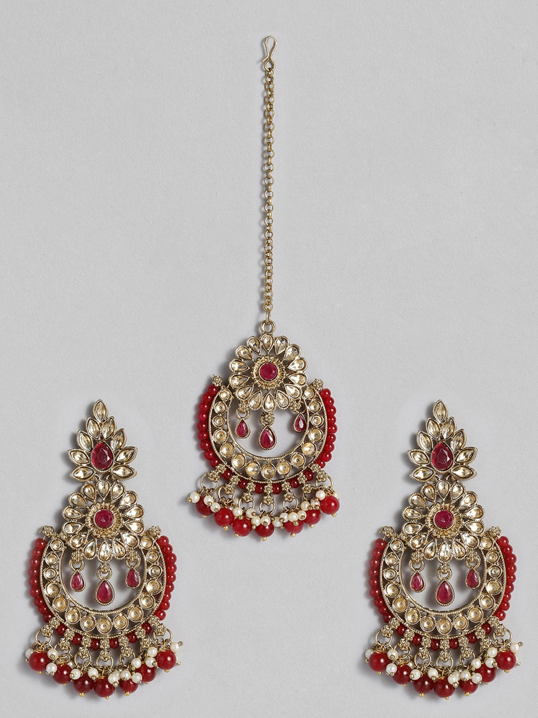 

I Jewels Maroon & White Floral Studded Gold Plated Jewellery Set