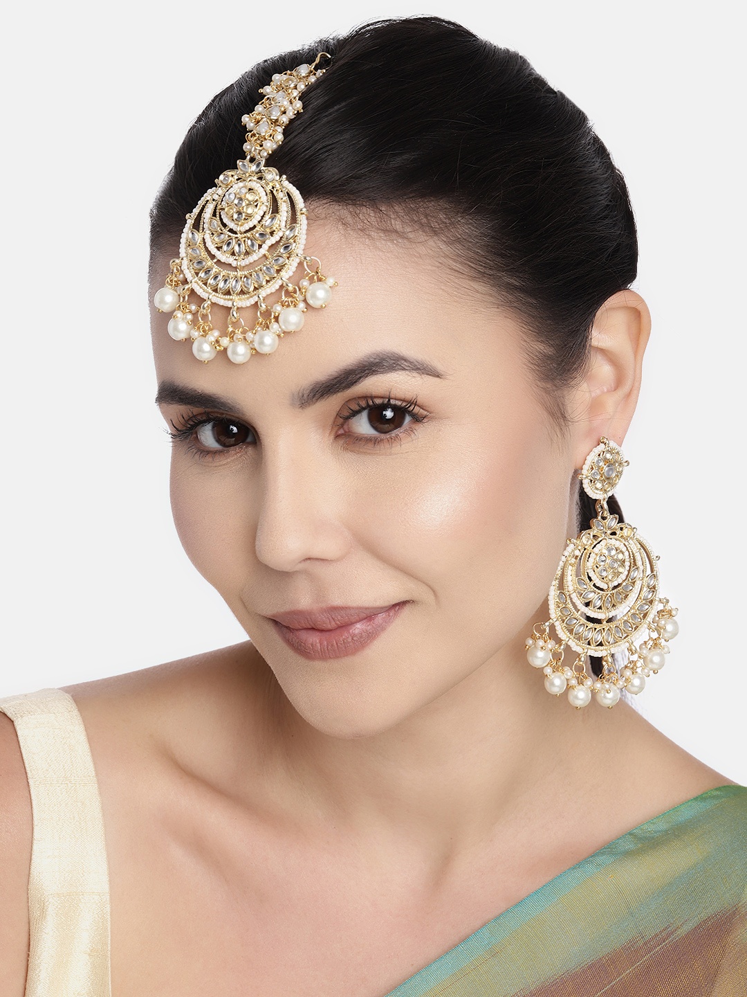 

I Jewels White Floral Studded Gold Plated Jewellery Set