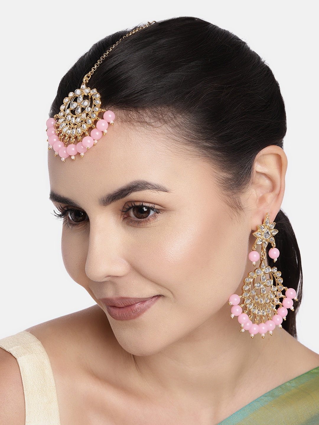 

I Jewels Pink & White Floral Studded Gold Plated Jewellery Set