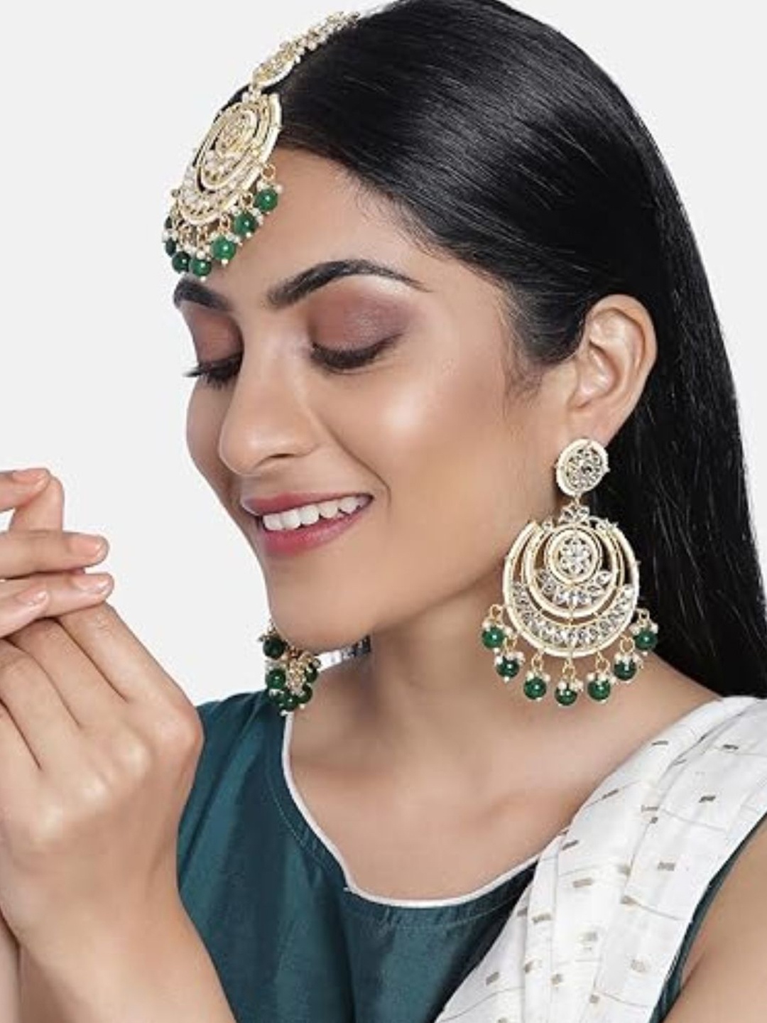 

I Jewels Gold-Plated & Green Chandbali Earrings with Maang Tikka