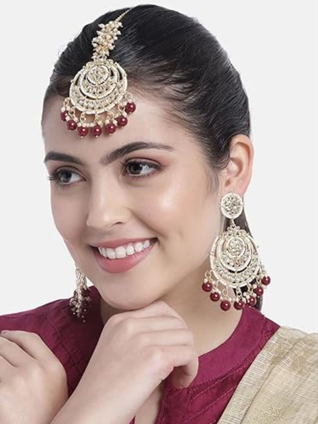 

I Jewels Gold Plated & Maroon Chandbali Earrings with Maang Tikka