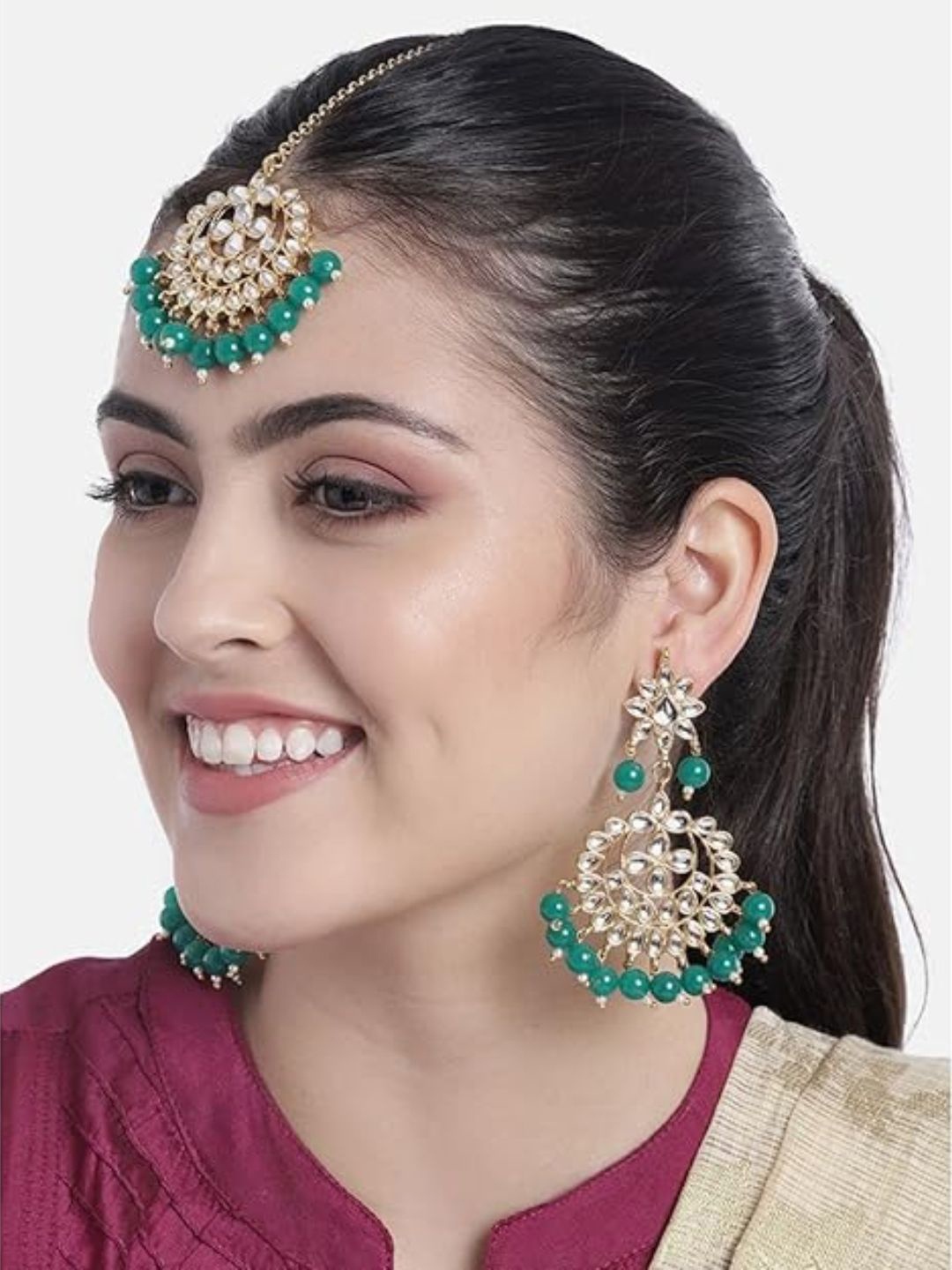 

I Jewels Gold Plated & Green Studded Maang Tikka with Earring Set