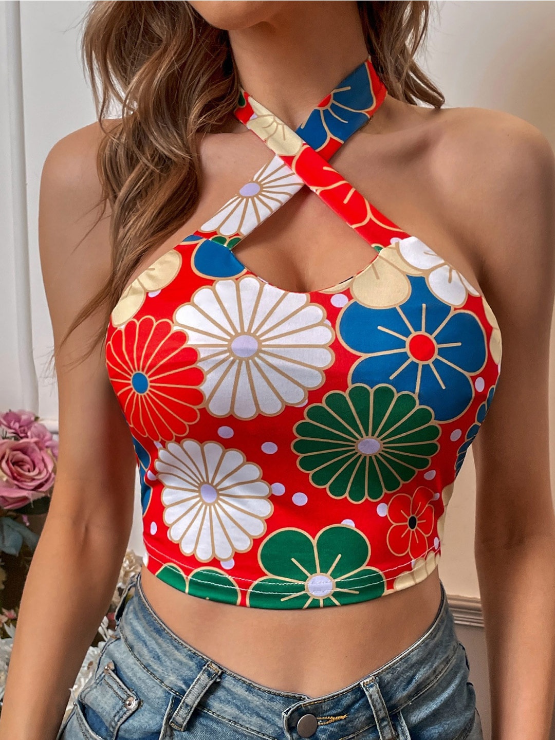 

BoStreet Red & White Floral Print Styled Back Crop Top