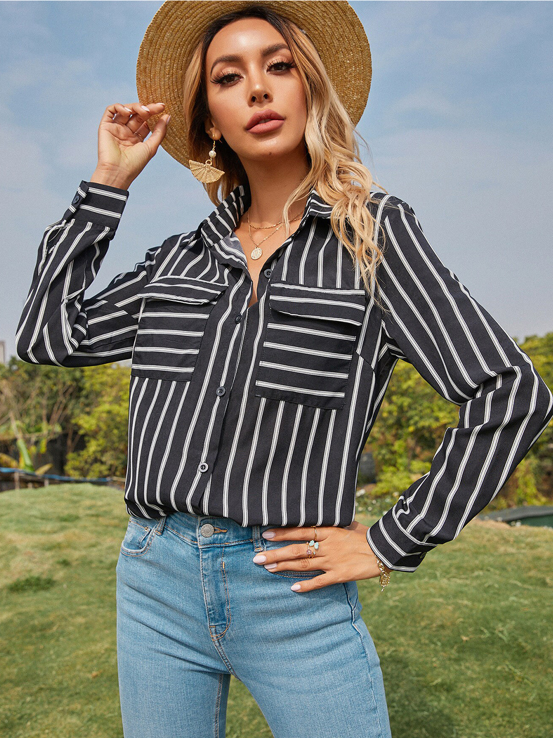 

BoStreet Black & White Striped Shirt Style Top