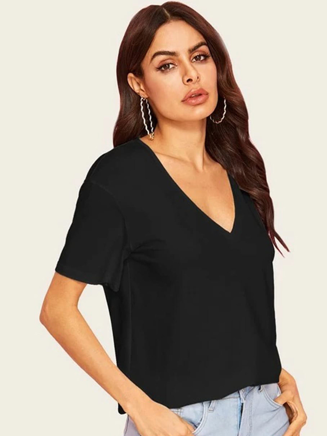 

BoStreet Women Black Solid V-neck Regular Top