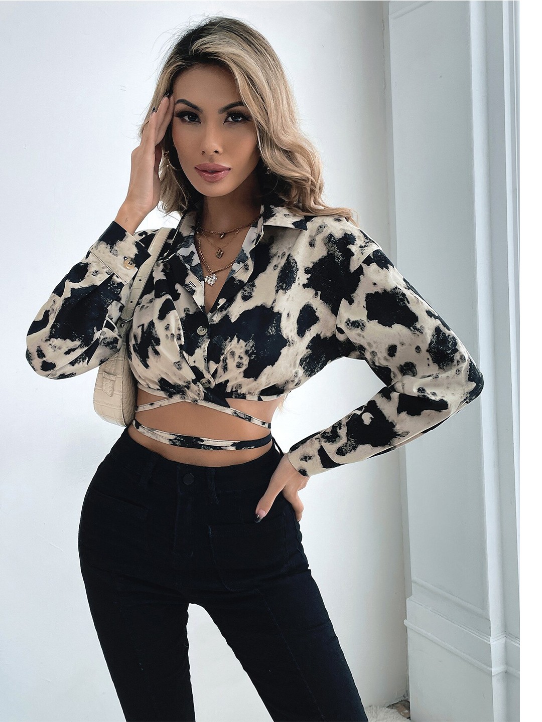 

BoStreet Black Animal Print Waist Tie-Up Top