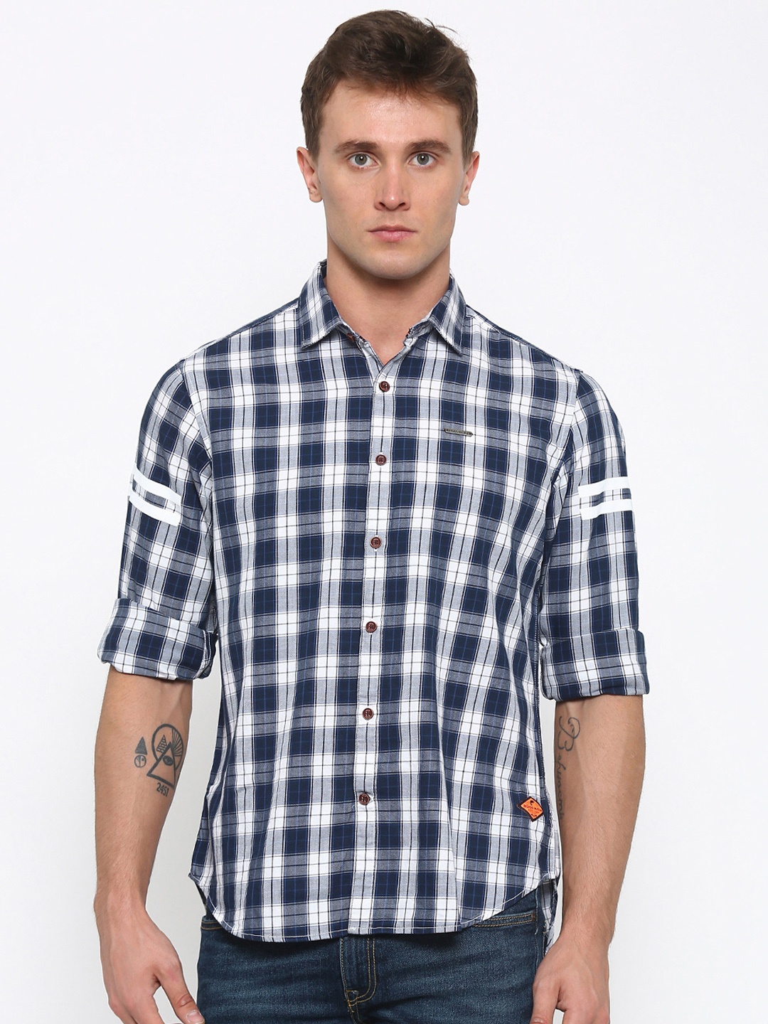 

Indigo Nation Street Men Navy & White Checked Casual Shirt, Navy blue