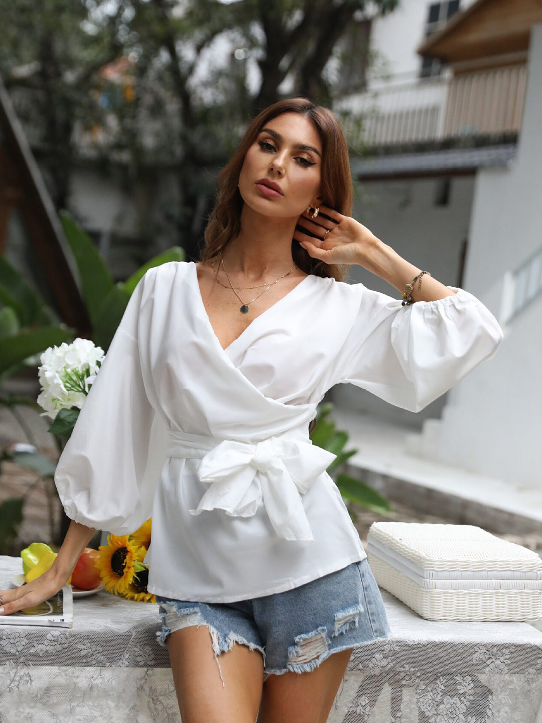 

BoStreet White V-Neck Solid Wrap Tops