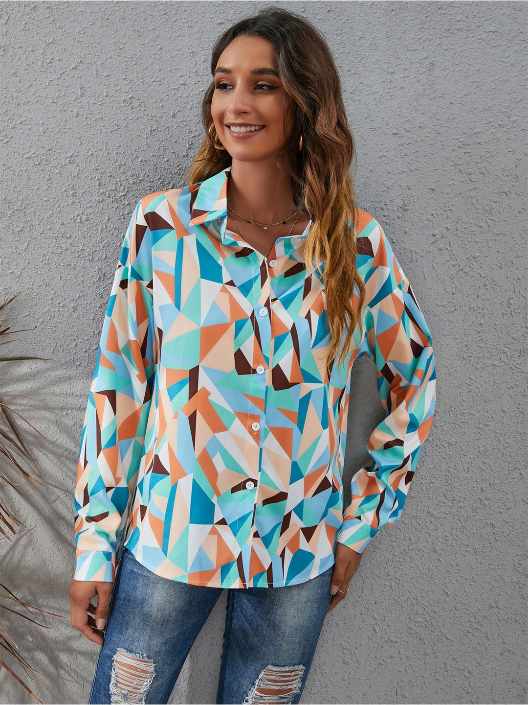 

BoStreet Women Multicoloured Geometric Print Shirt Style Top, Multi
