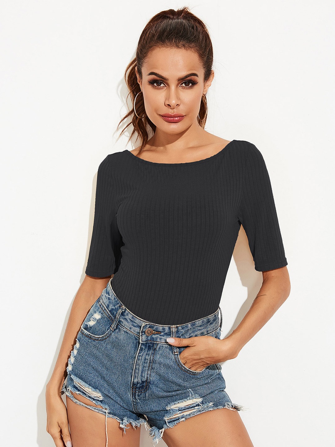 

BoStreet Black Solid Fitted Tops