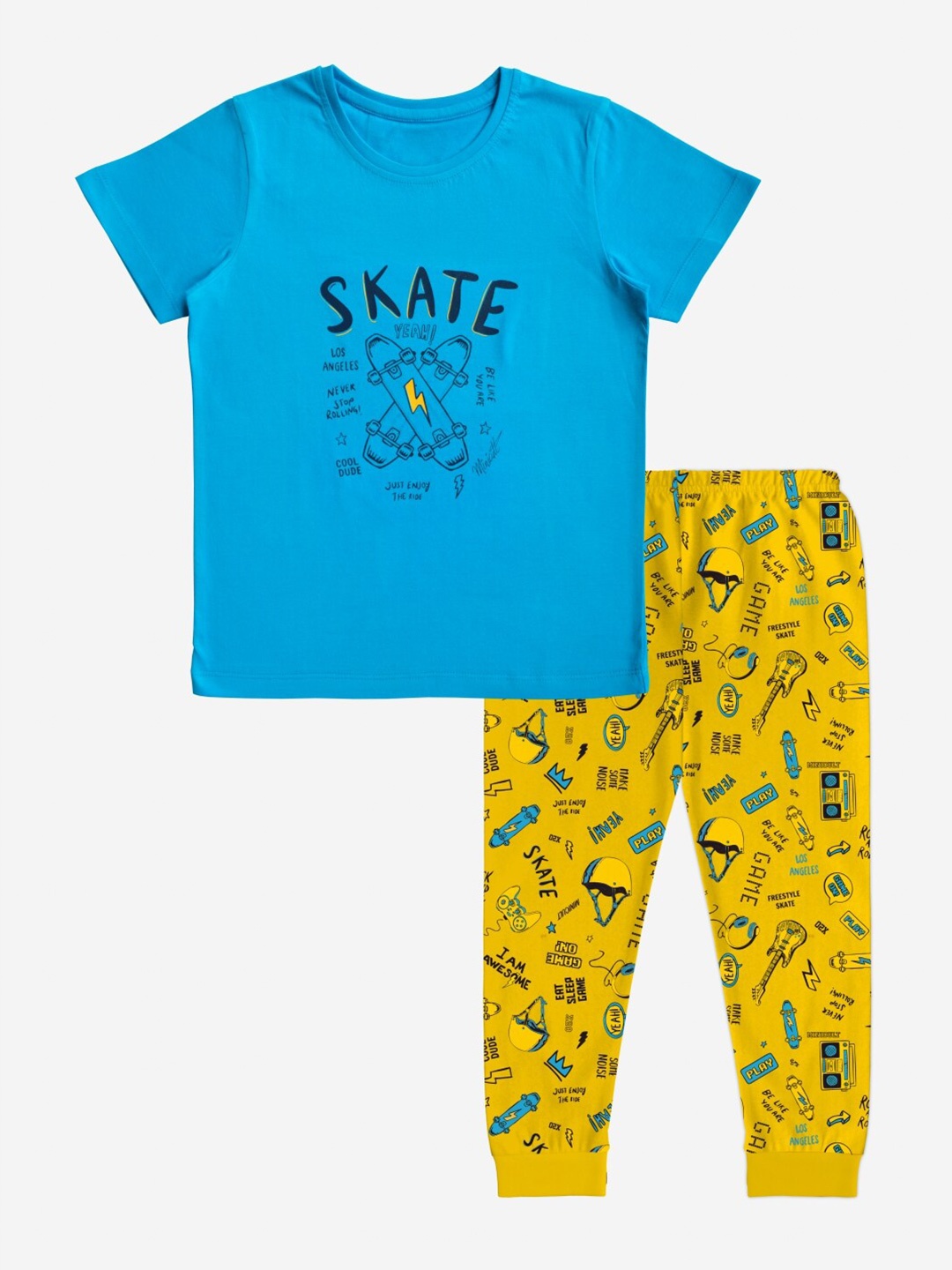 

x2o Boys Blue & Yellow Printed Pure Cotton T-shirt with Joggers