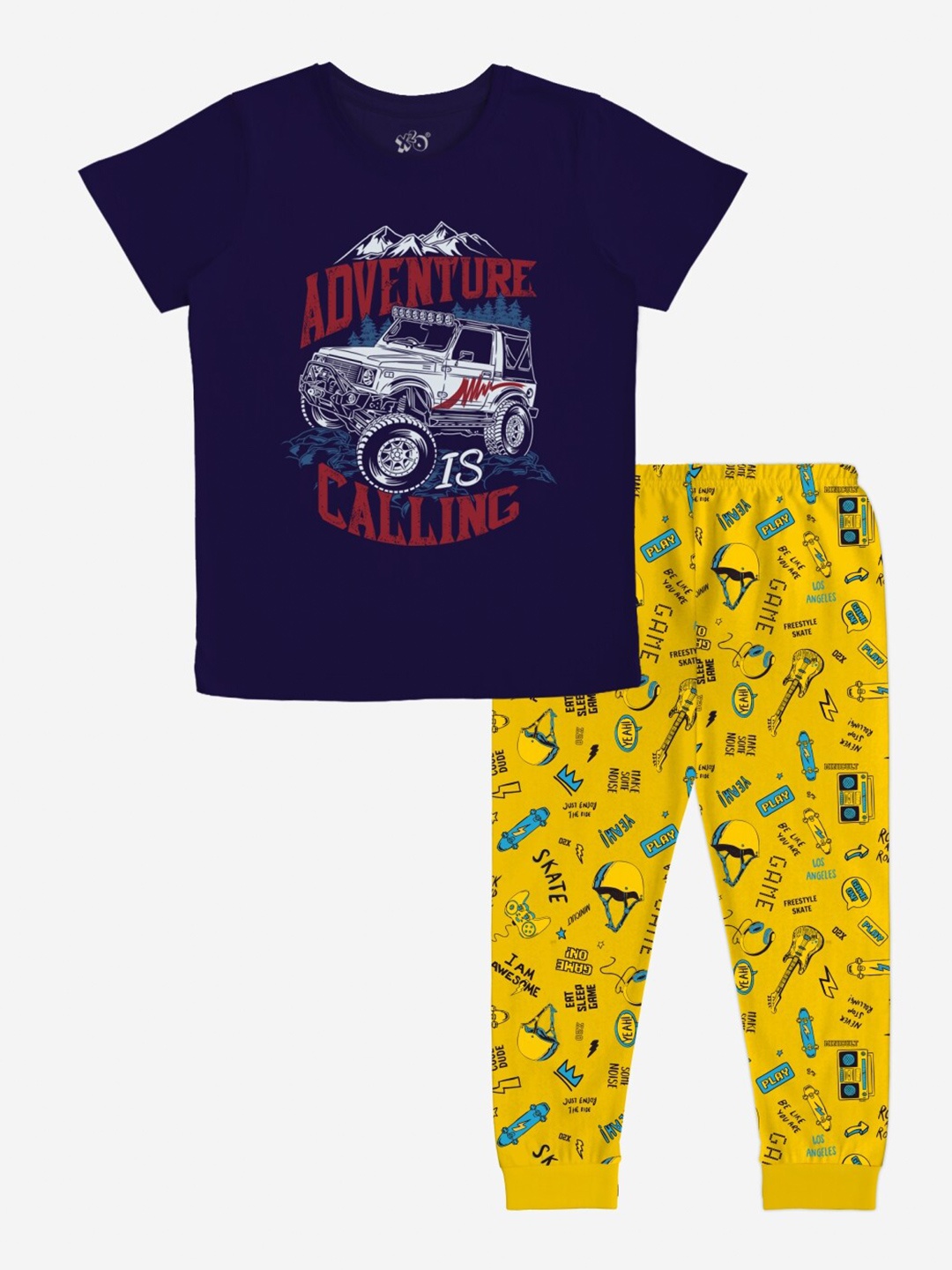 

x2o Boys Yellow & Navy Blue Printed Pure Cotton T-shirt with Joggers
