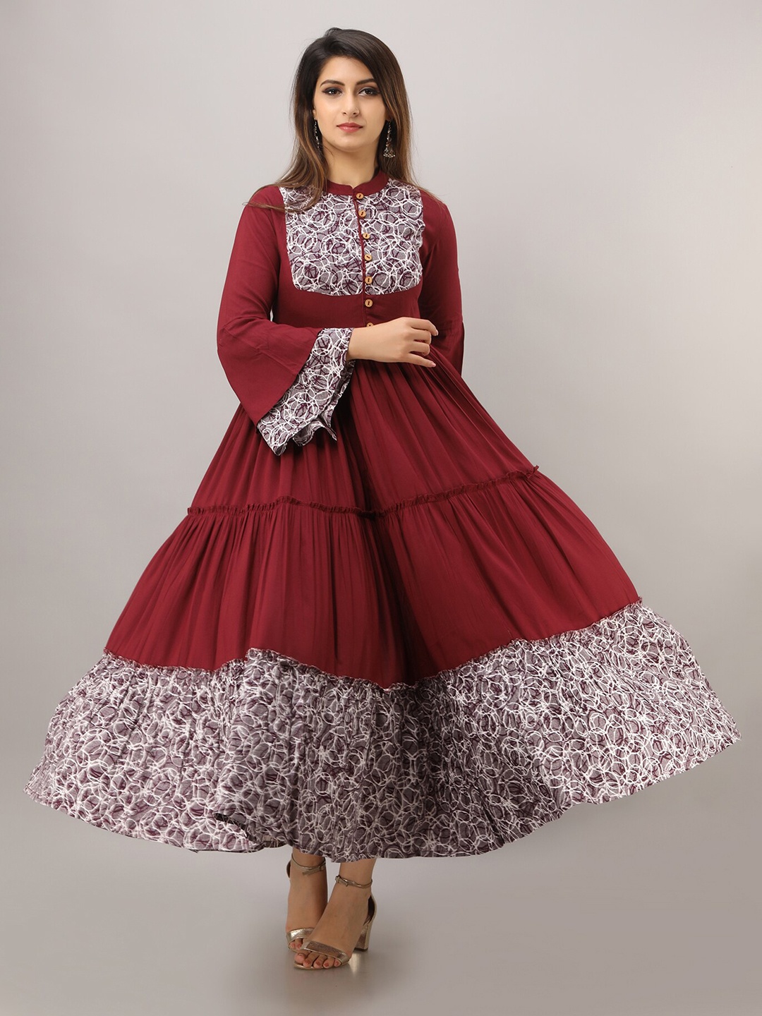 

SKY SHOPPIE Women Maroon Bell Sleeves Anarkali Kurta