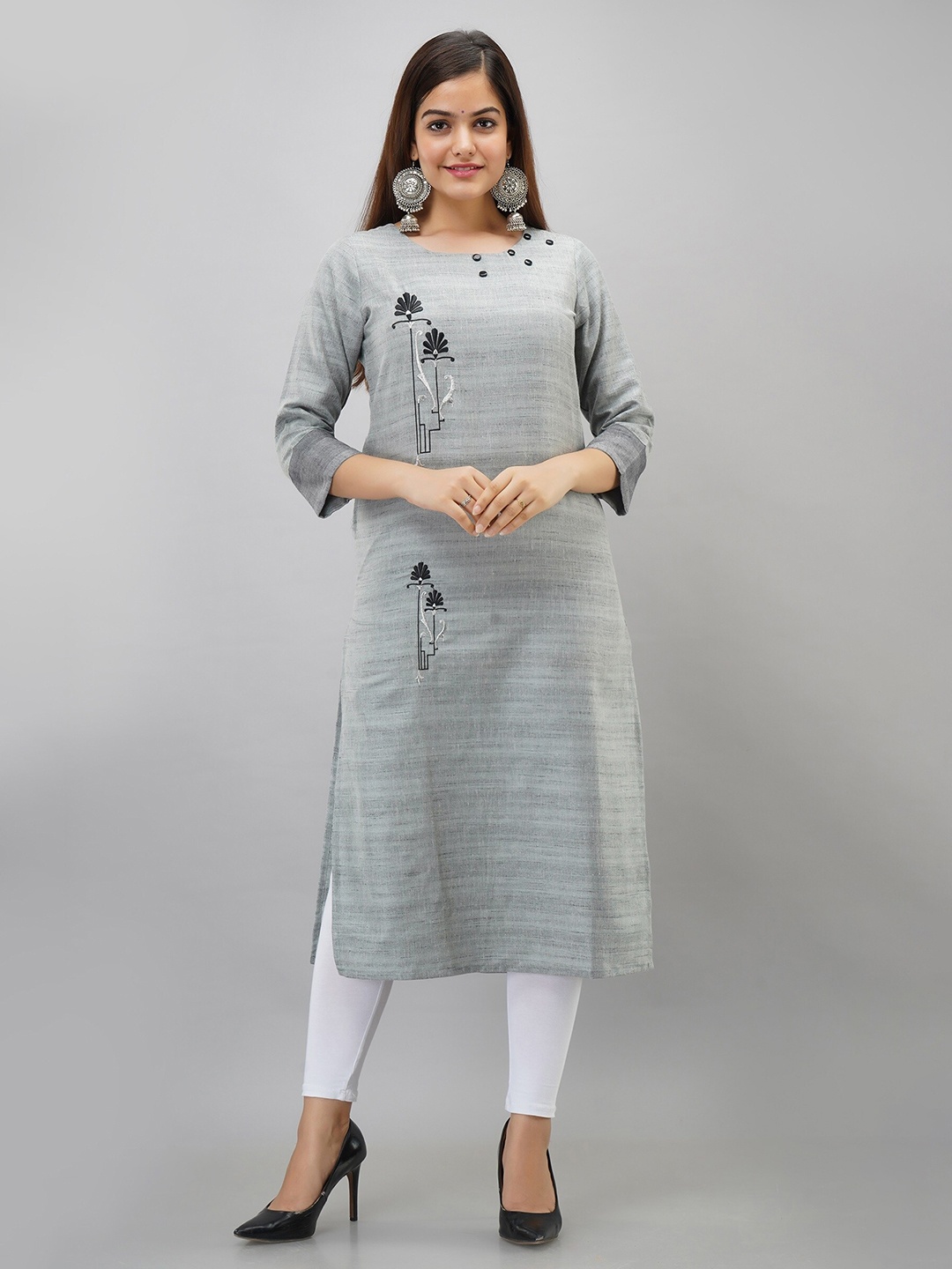 

SKY SHOPPIE Women Grey Floral Embroidered Pure Cotton Kurta